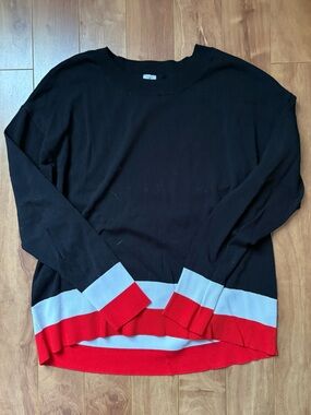Tristan Black Crewneck Sweater with Red and White Stripe Trim